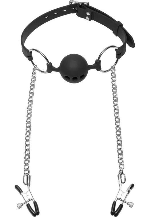 Master Series Hinder Breathable Silicone Ball Gag with Nipple Clamps